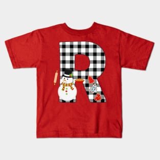 BW Buffalo Checks Pattern Monogram R | Snowman Kids T-Shirt